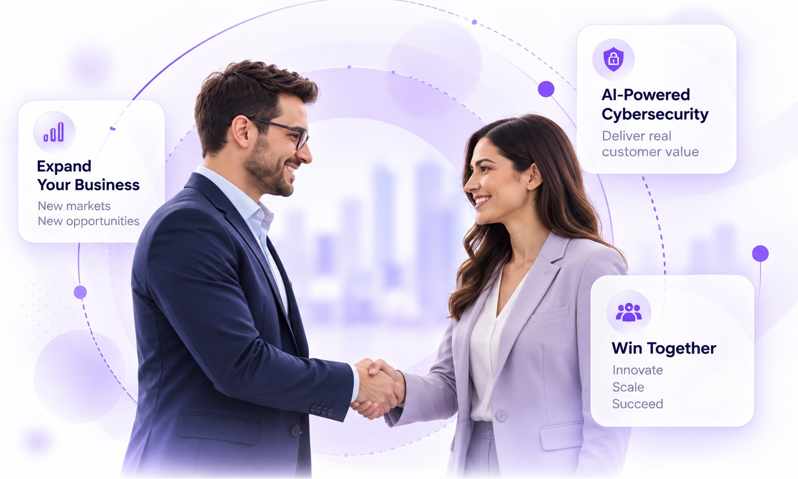 Two business partners shaking hands, with cards reading Expand Your Business, AI-Powered Cybersecurity and Win Together